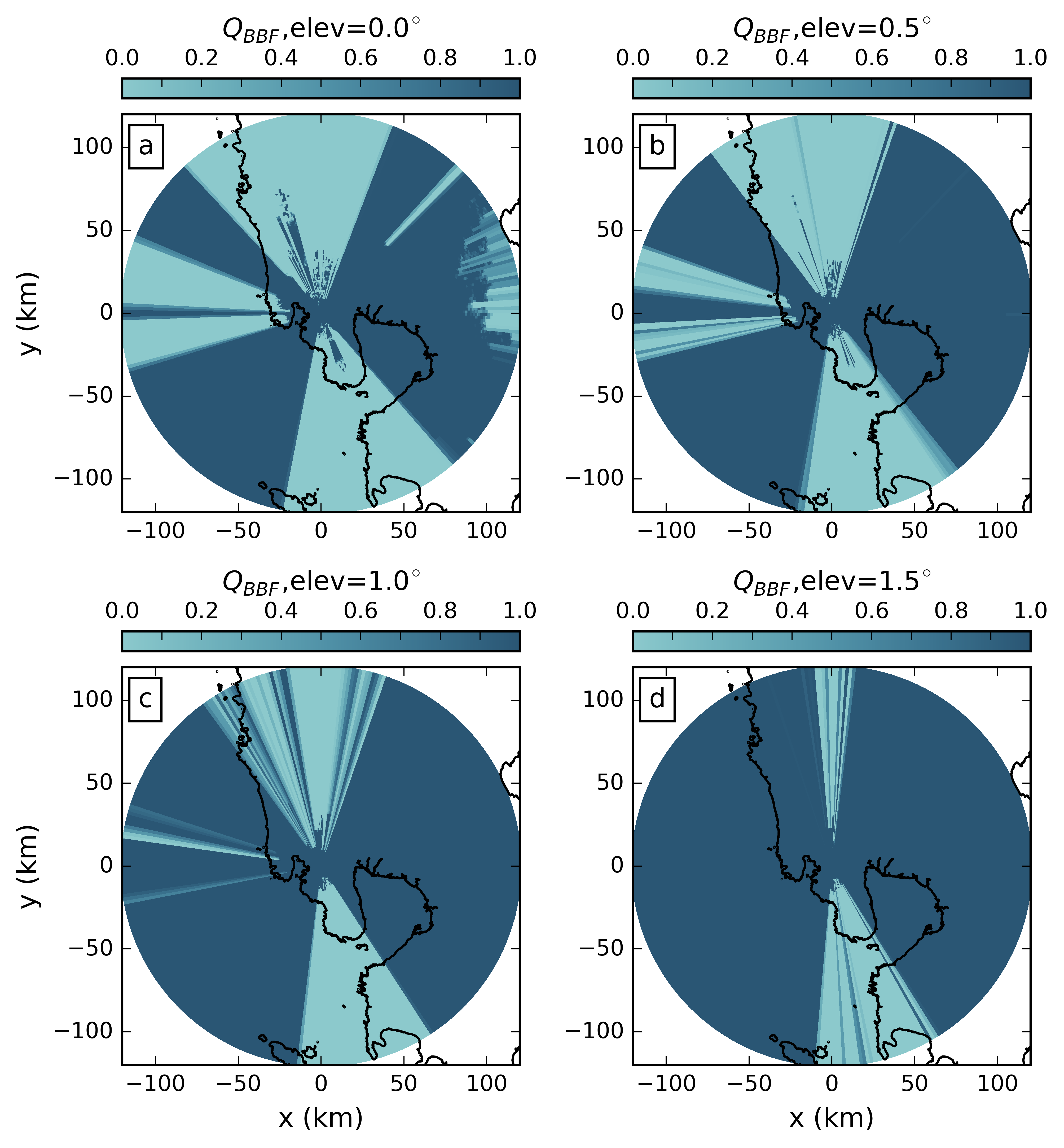 Quality index map of the beam blockage fraction for the Subic radar at (a) 0.0$^{\circ}$, (b) 0.5$^{\circ}$, (c) 1.0$^{\circ}$, and (d) 1.5$^{\circ}$ elevation angles.