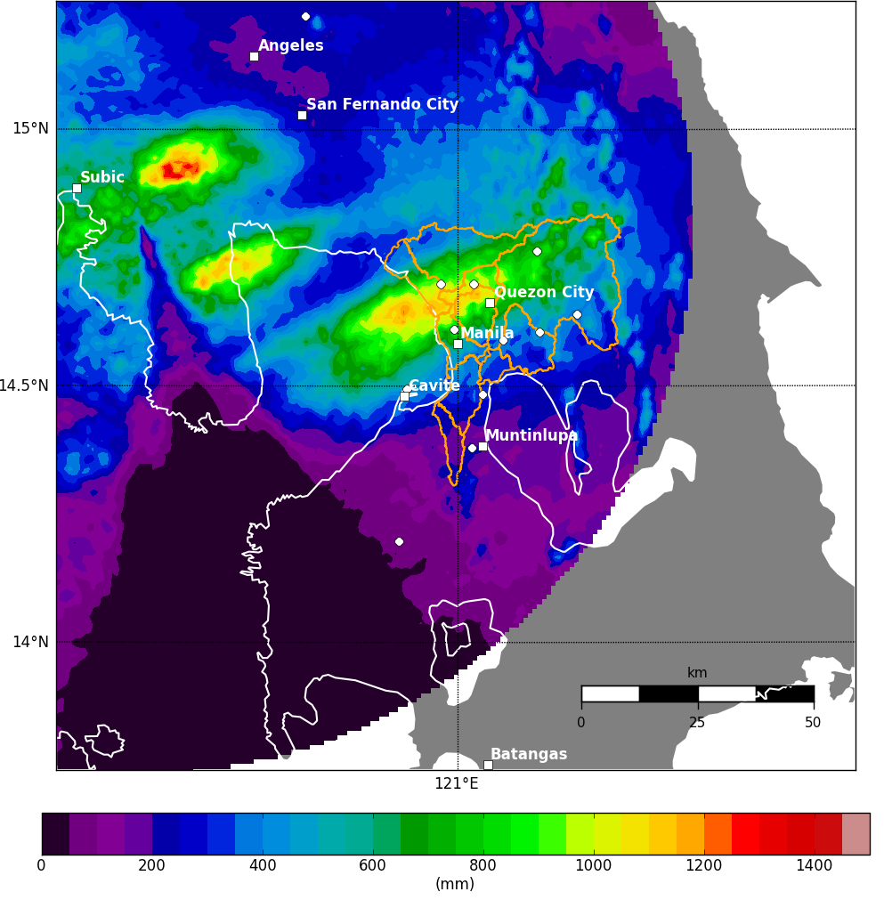 Gauge-adjusted radar-based rainfall estimation; accumulation period from 6 August (00:80 UTC) to 9 August (20:00 UTC). Basins draining to Metropolitan Manila are shown in orange, coastlines in white. Major cities are shown as white squares, while rain gages are represented as white circles. Note that the corresponding rainfall field obtained from the interpolation of rain gauge observations is available as Supplement.