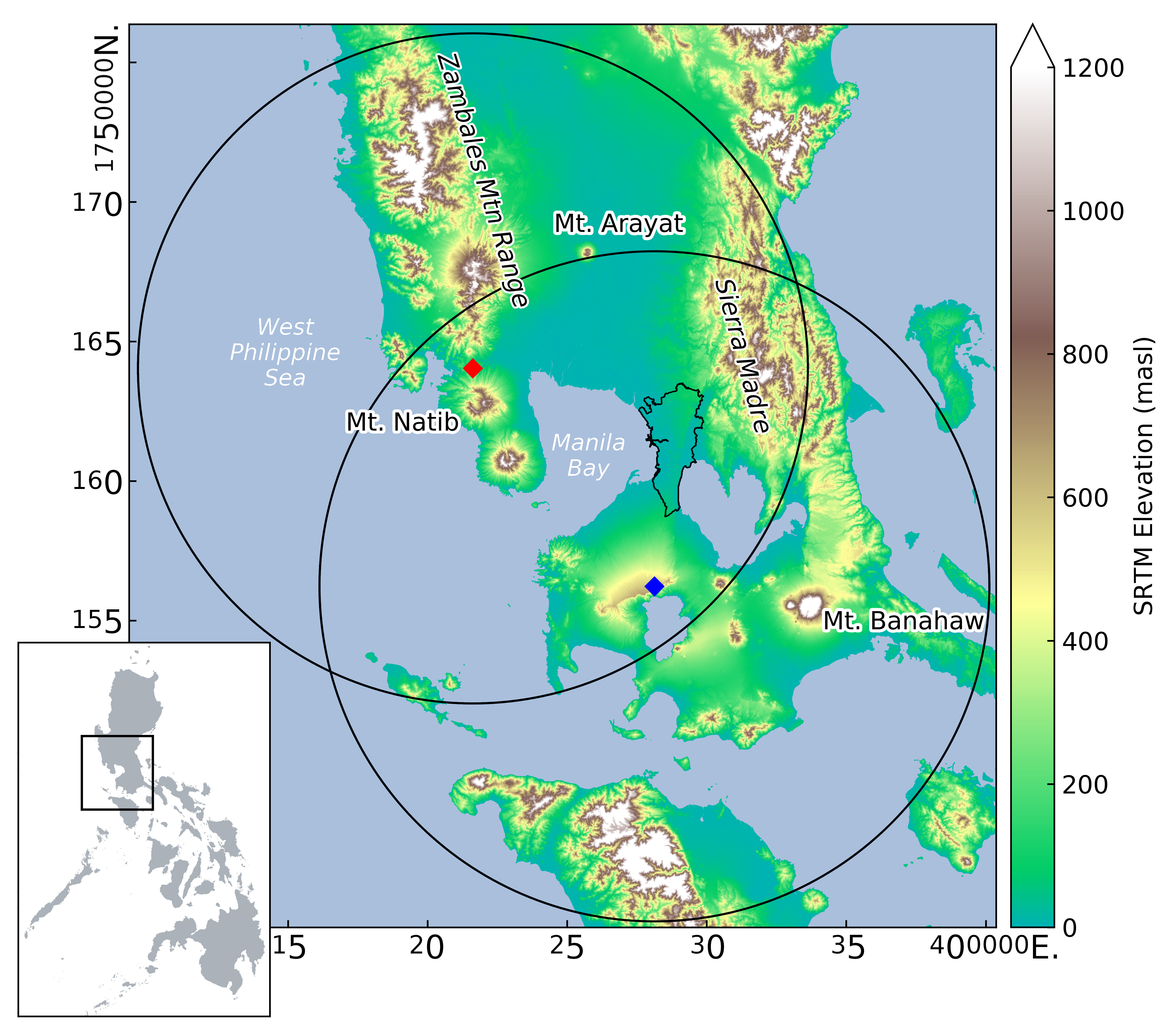 Subic (red diamond) and Tagaytay (blue diamond) radars and their coverage. The underlying DEM shows the complex topography surrounding the radars. In both coverages lies Metropolitan Manila (in black outline), the country’s capital and most populated city.
